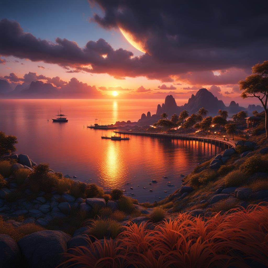 Fantastical Sunset Over Bay: Detailed Digital Matte Painting