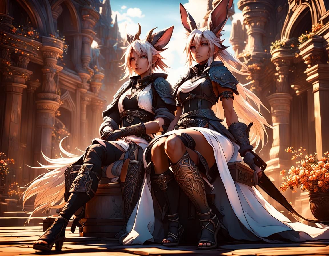 Lesbian Couple in Final Fantasy Style Lineart