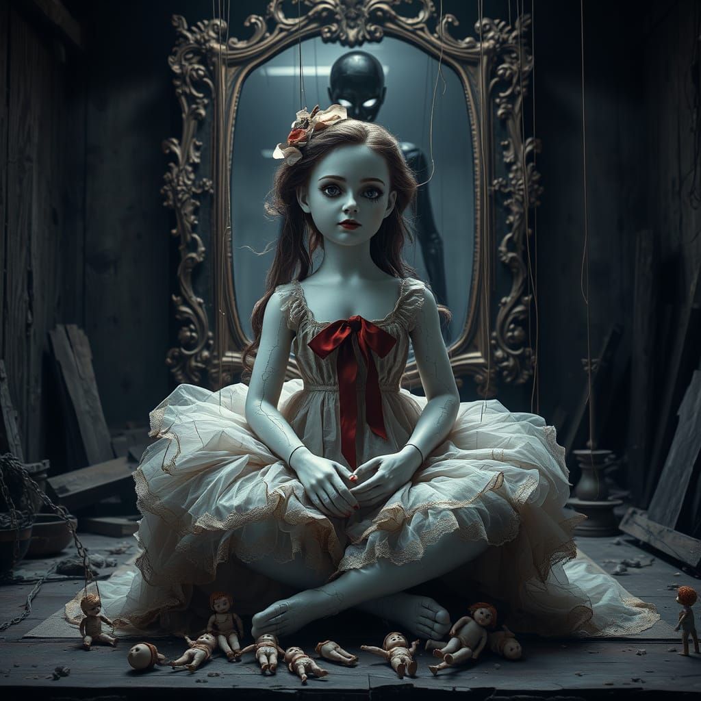Ethereal Porcelain Doll Girl Amidst Dark Craftsmanship