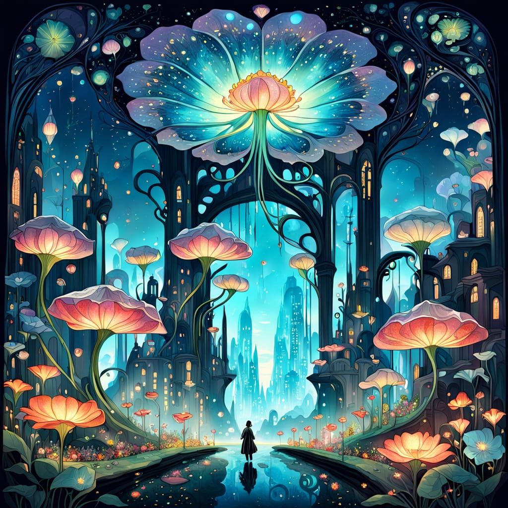 Bioluminescent Flower City: Fantasy Art Nouveau Vista