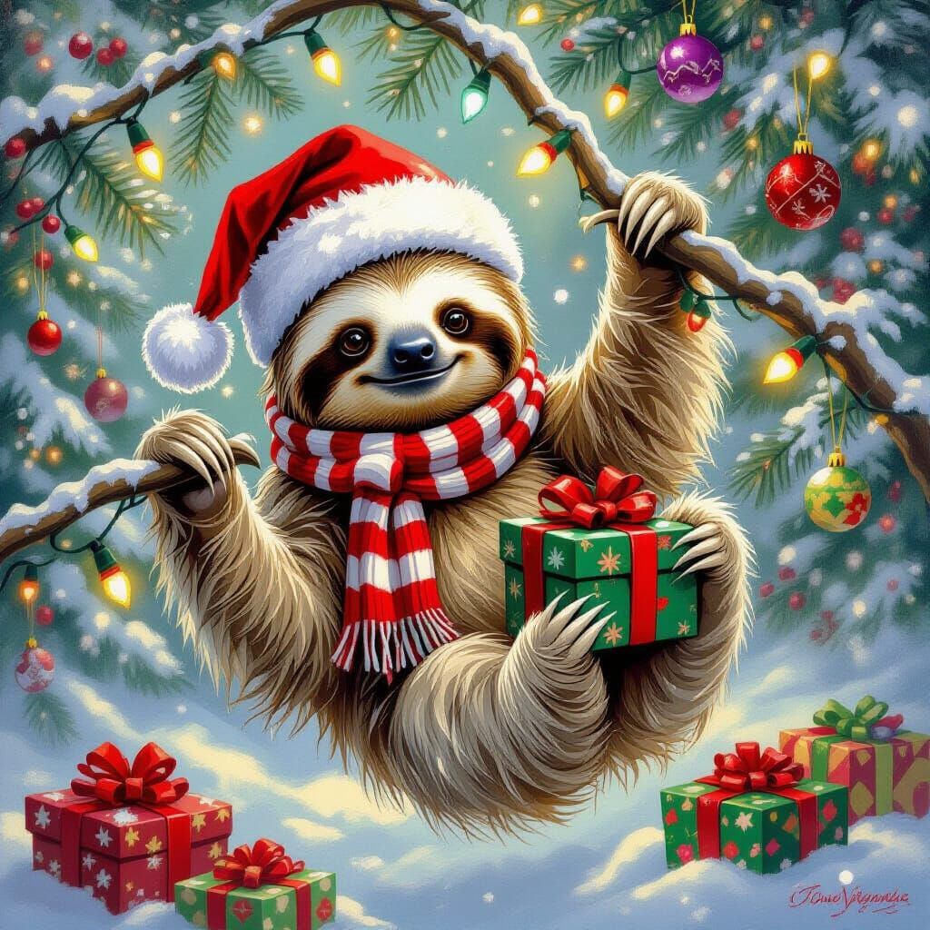 Cute Sloth in Santa Hat Holds Christmas Present
