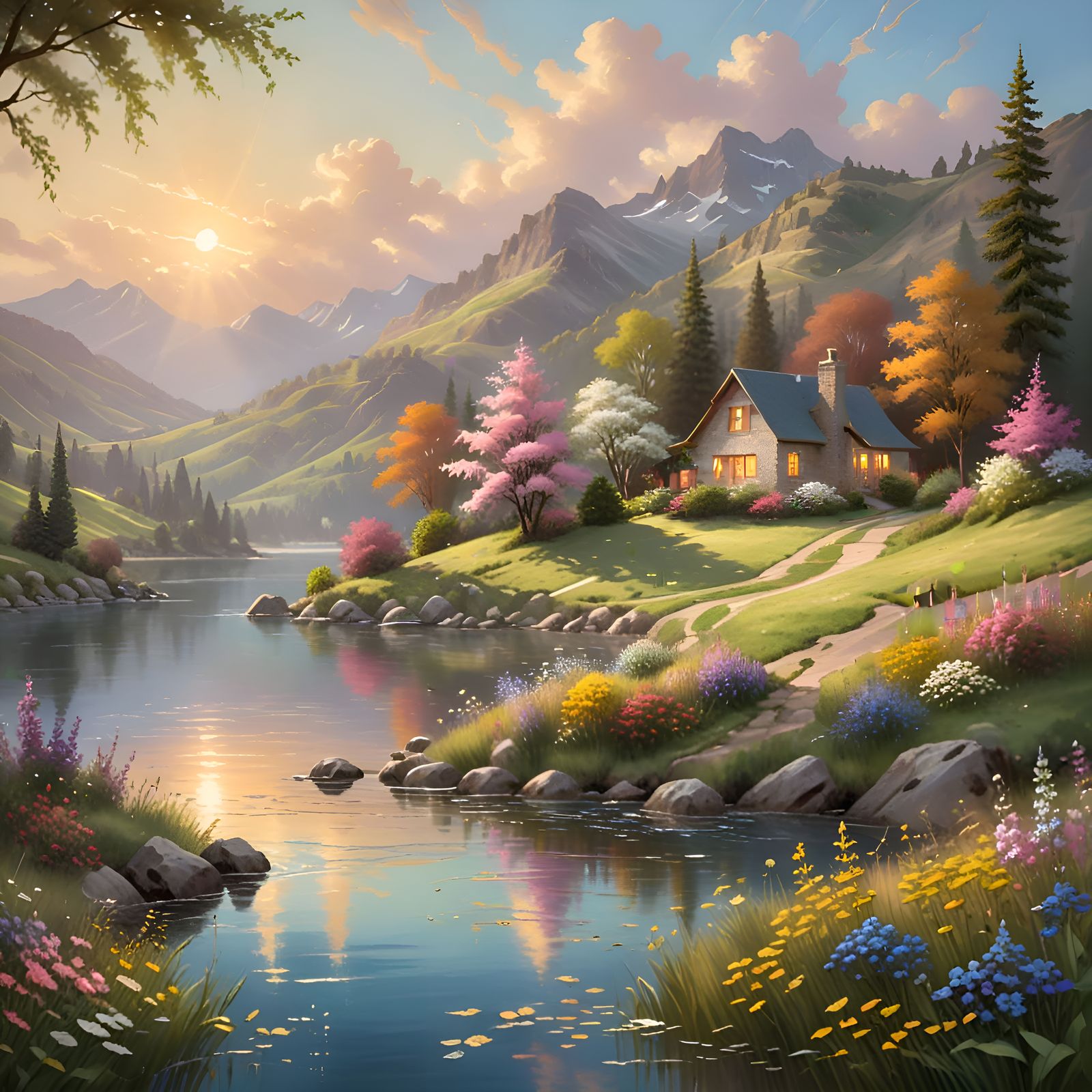 Idyllic Spring Landscape in Warm Watercolor