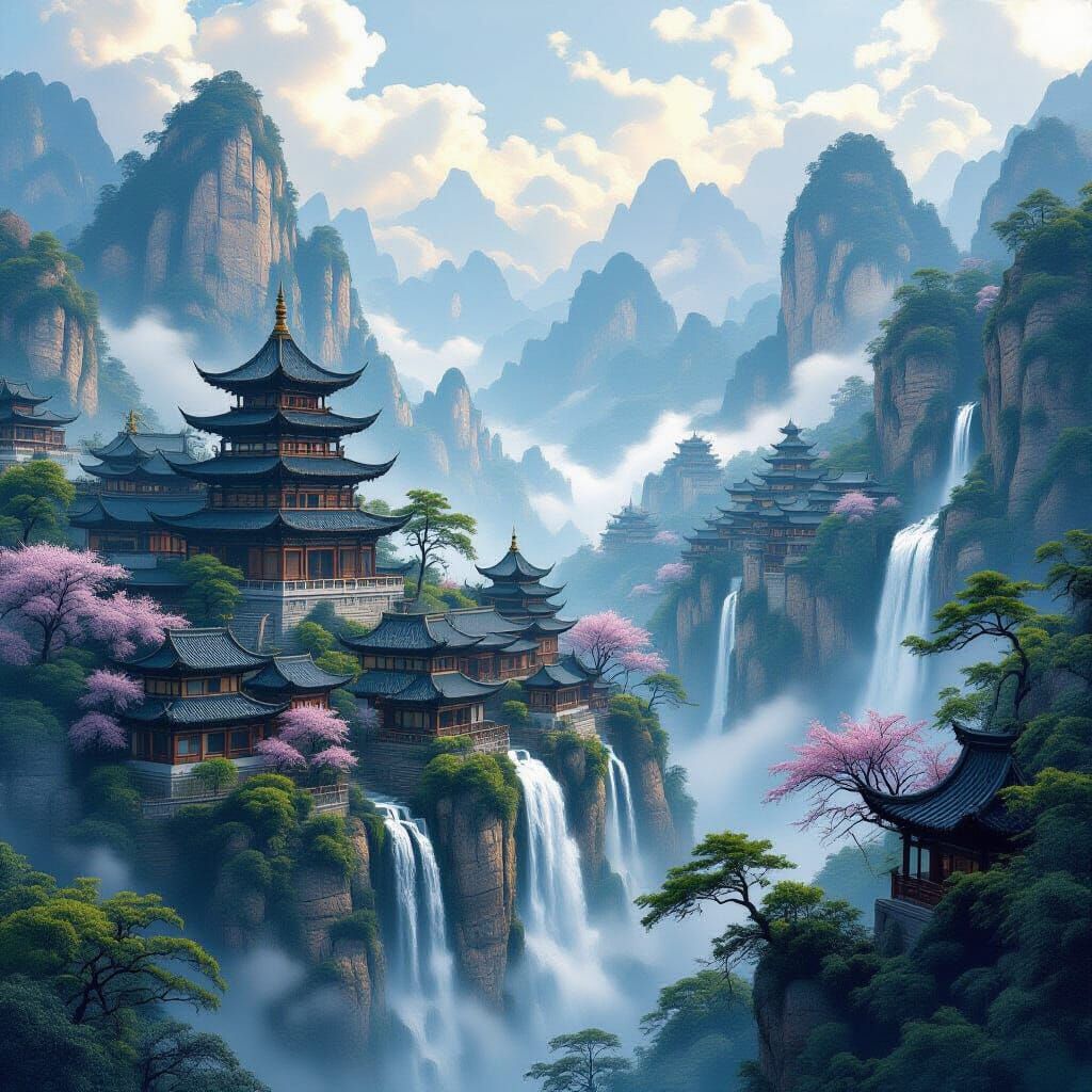 Chinese Waterfall Village Pagoda in Digital Matte Painting