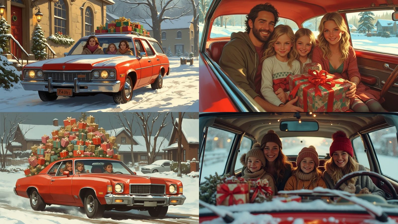 Christmas Family in Red Sedan, Detailed Matte Painting