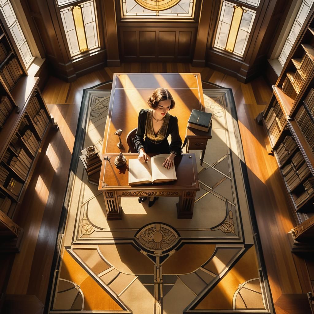 Art Deco Library with Woman in 1920s Attire