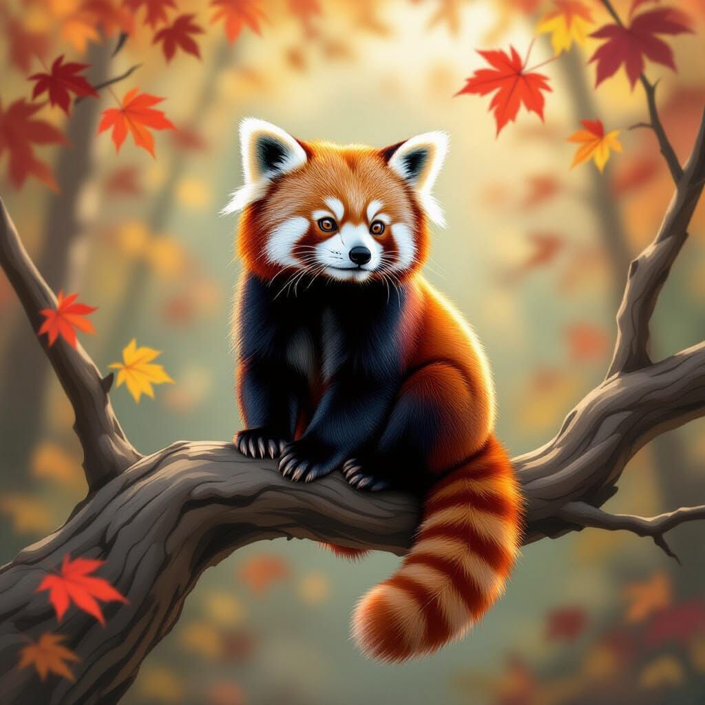 Red Panda on Autumn Branch in Fantasy Concept Art Style