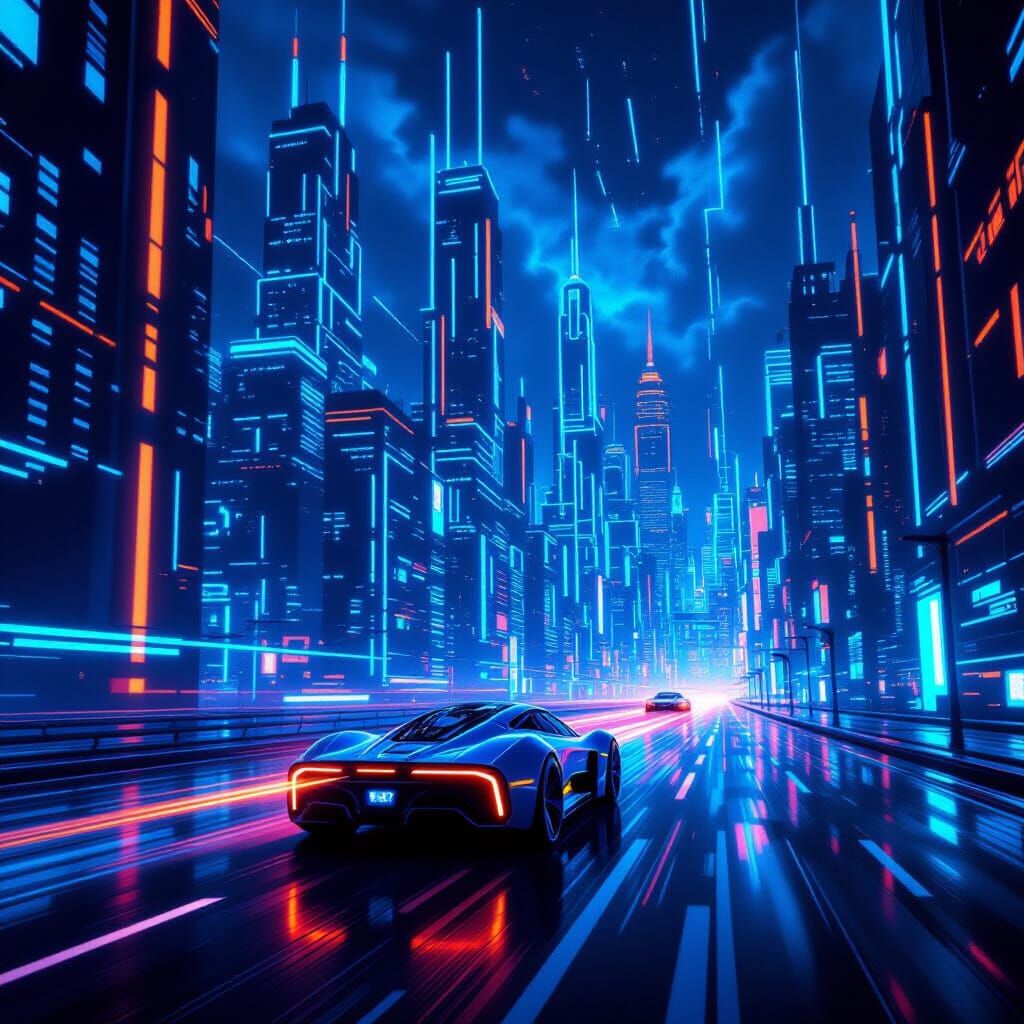 Neon Tron Cityscape with Futuristic Vehicle