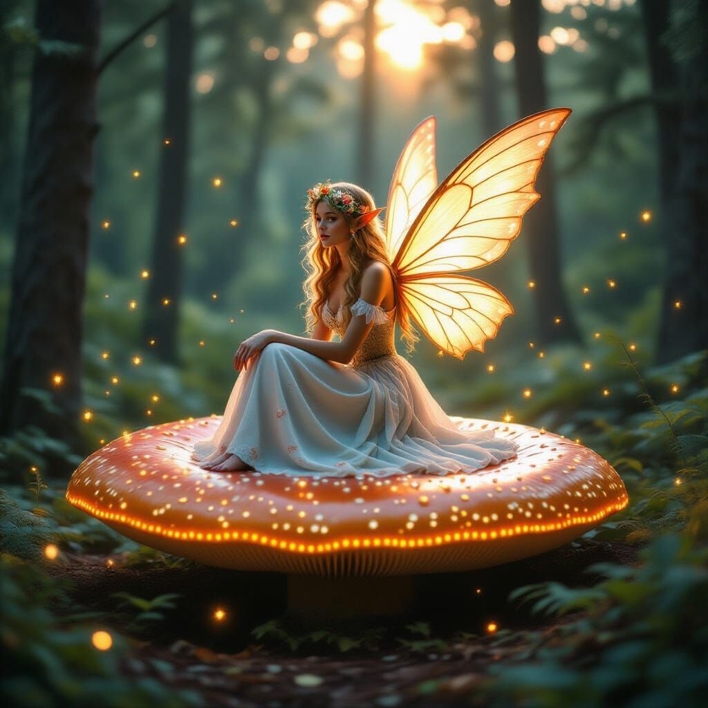 Luminous Fairy on Mushroom in Enchanted Forest