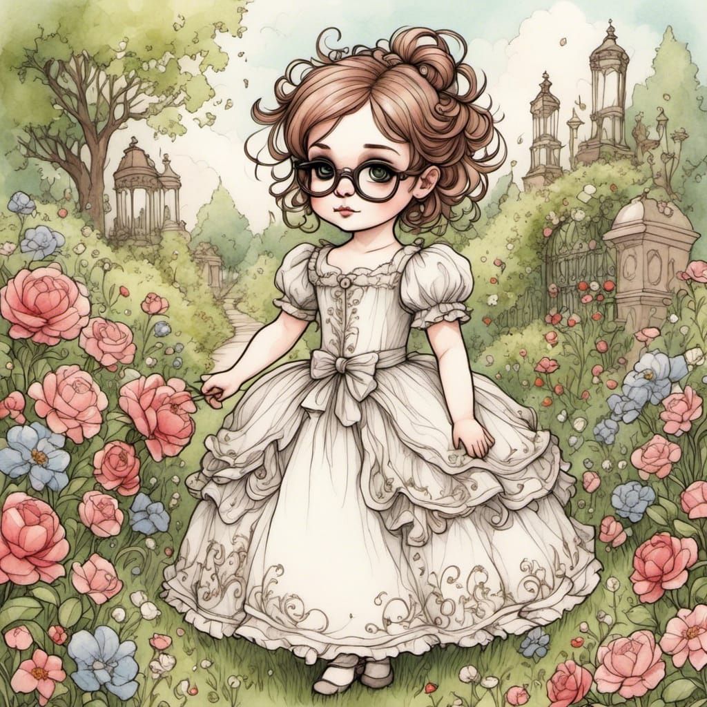 Chibi French Princess in Watercolor Garden