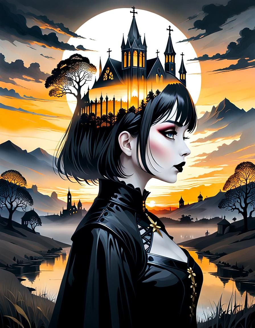 Gothic Double Exposure Landscape Silhouette