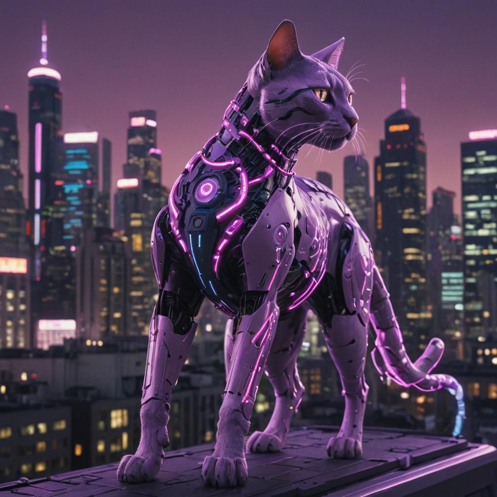 Cyber Cat Overlooking Neo-Tokyo in Cyberpunk Style