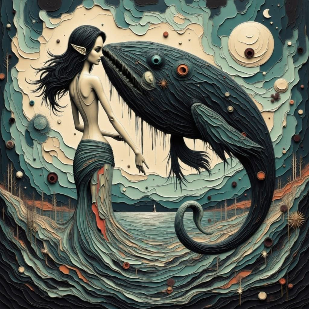 Mermaid Flees Giant Whale in Surreal Deep Sea