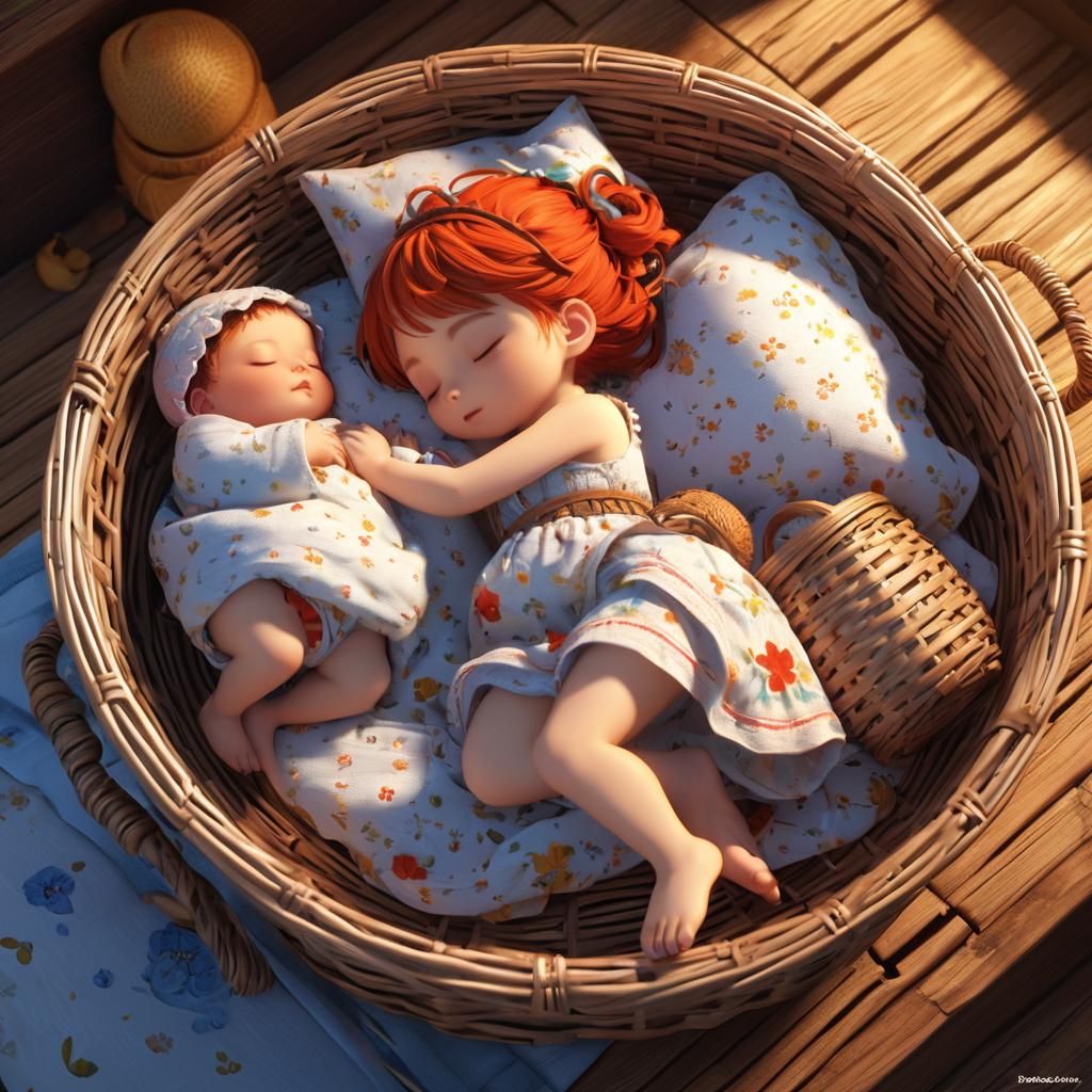 Fairy and Baby Asleep in Wicker Basket, 3D Anime Art
