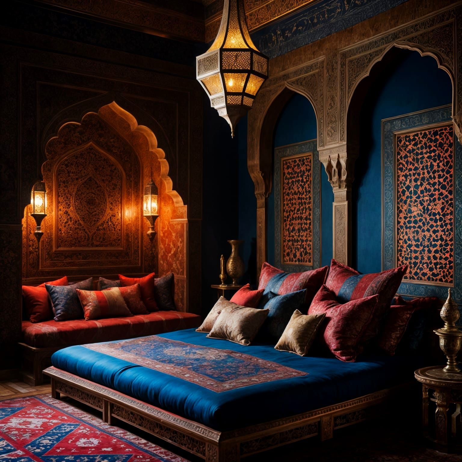 Mughal-Inspired Arabian Bedroom Interior at Night
