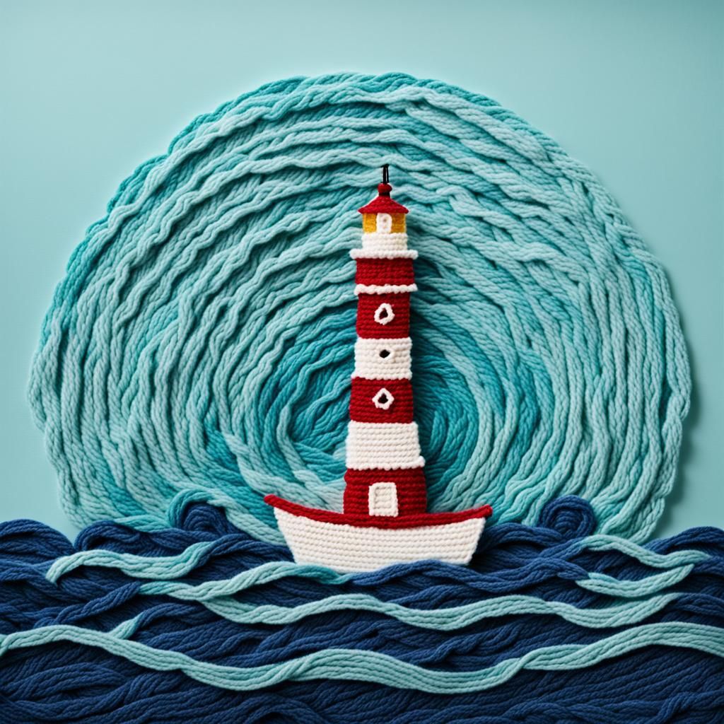 Yarn Ship and Lighthouse on Yarn Waves
