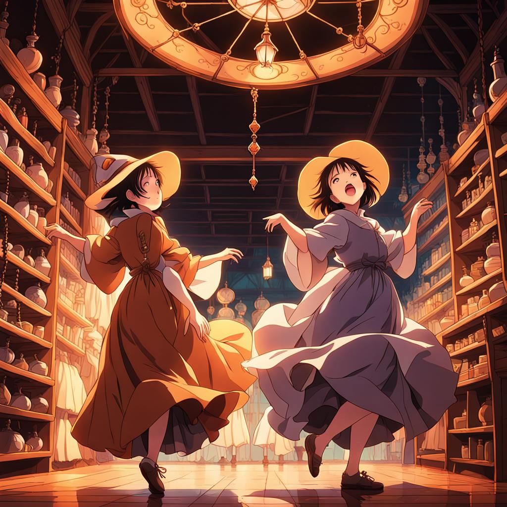 Anime Witch Sisters Dancing in Forest