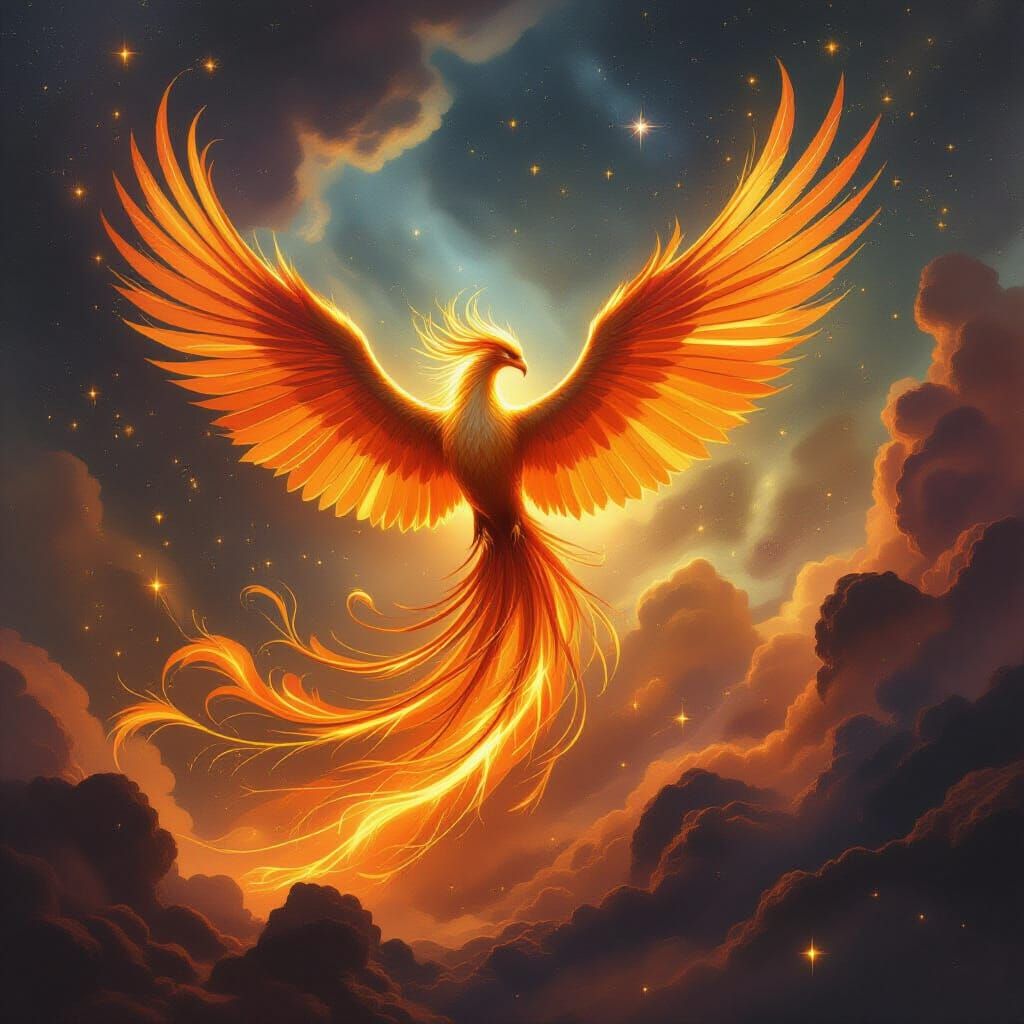 Phoenix Rising from Molten Gold in Cosmic Nebula