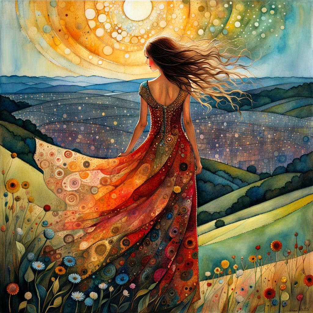 Windy Summer Evening Girl in Art Brut Style