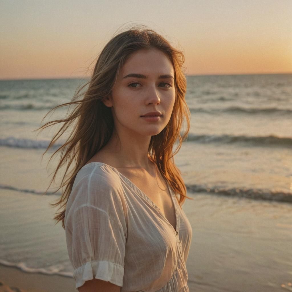 Serene Girl at Beach Sunset in Cinematic Style