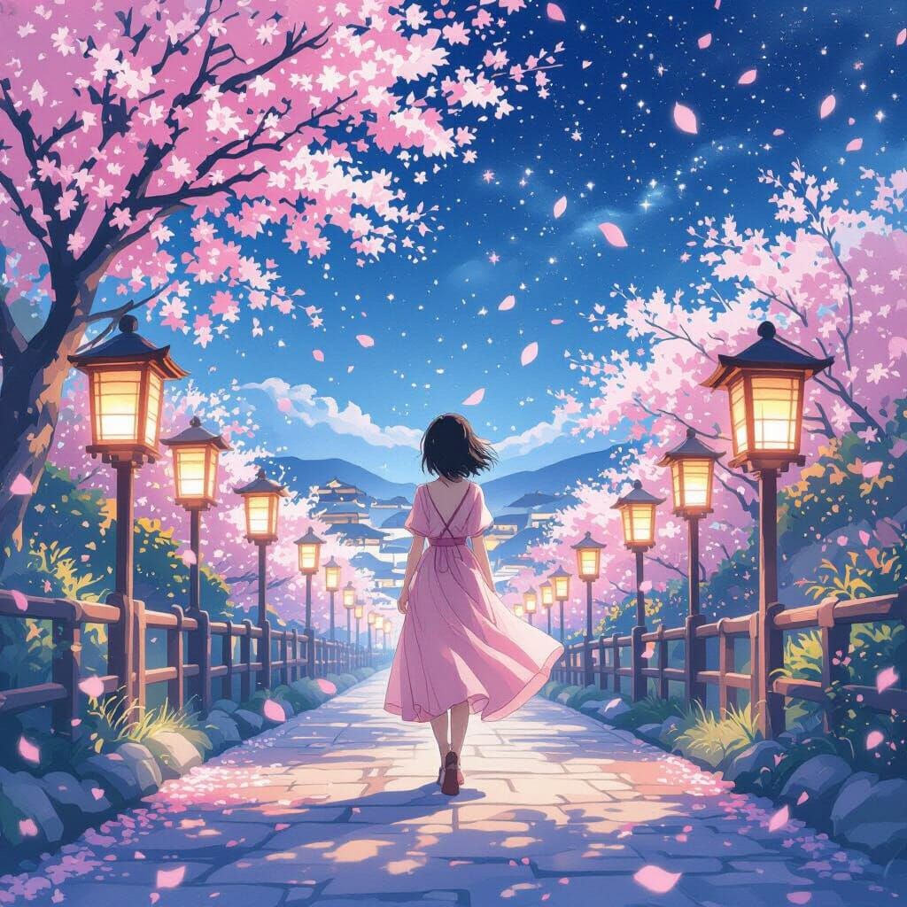 Anime Girl Walking Under Cherry Blossoms