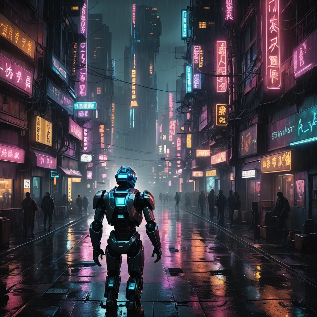 Robot Uprising in Neon Cityscape