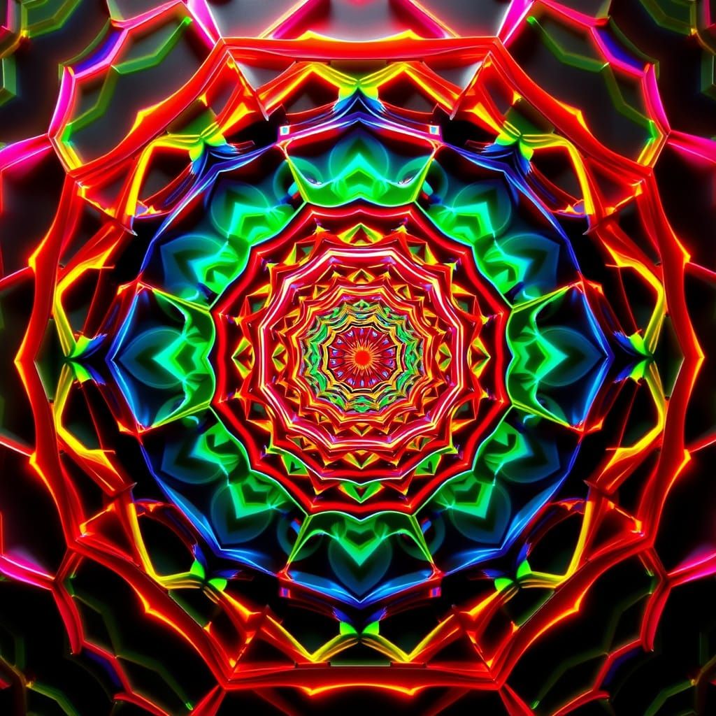 Mirrored Hexagon Maze in Vibrant Laser Patterns