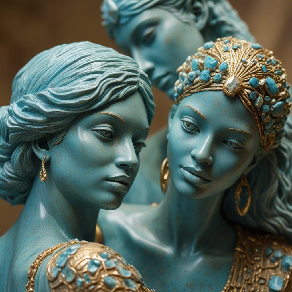 Statues of Dominican Republic dancers all made of blue-green...