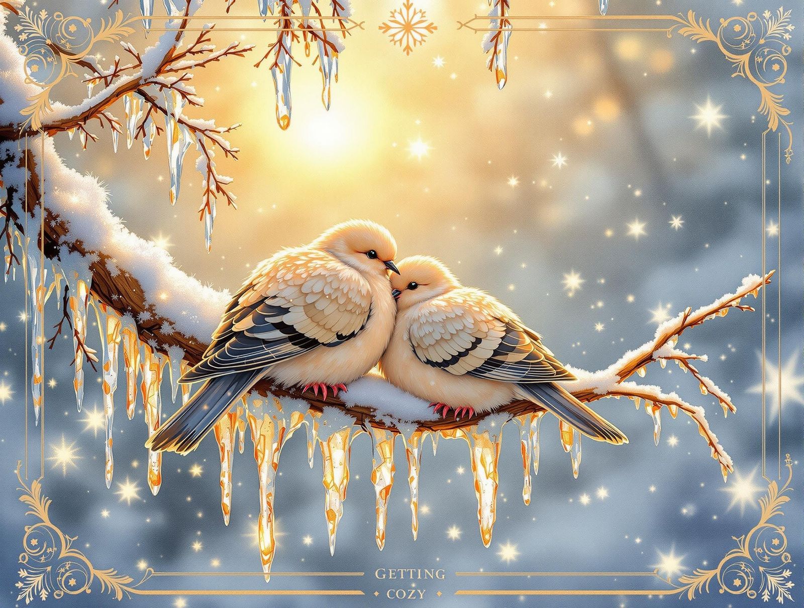 Doves Nesting on Icy Branch in Golden Light