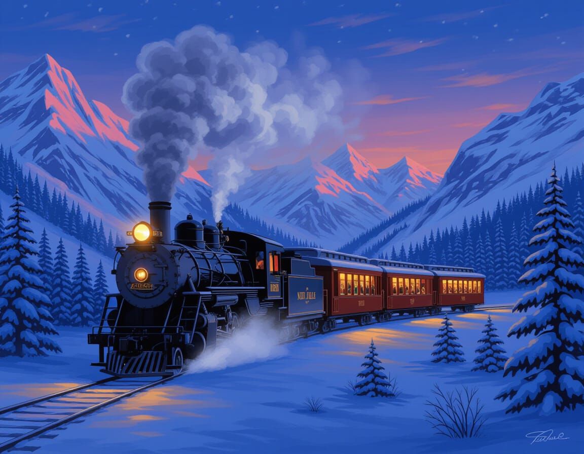 North Pole Express Train in Snowy Mountains