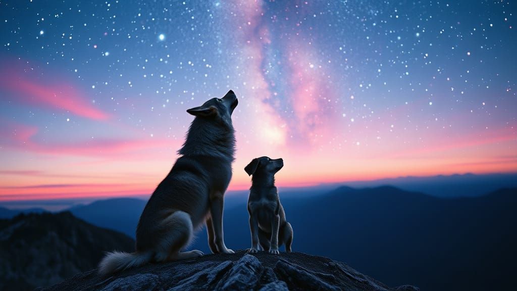 Wolf Family Gazing at Dawn Starry Sky