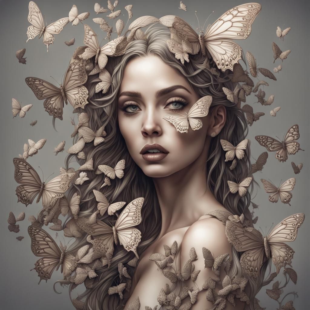 Woman with Butterflies: Intricate 3D Concept Art