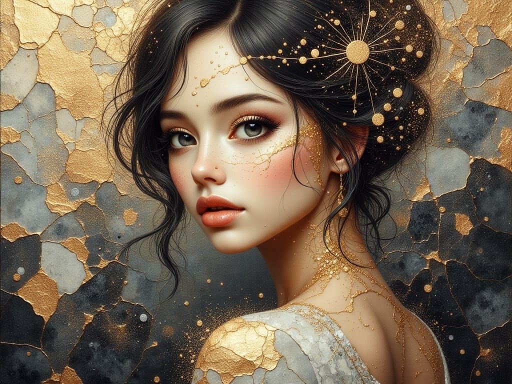 Beautiful Woman Portrait in Cloisonne and Oil Style