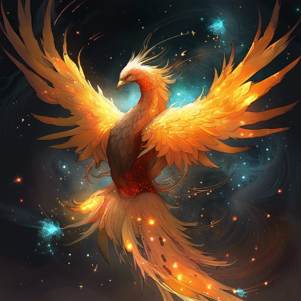 Epic Phoenix with Constellation in Bioluminescent Galaxy