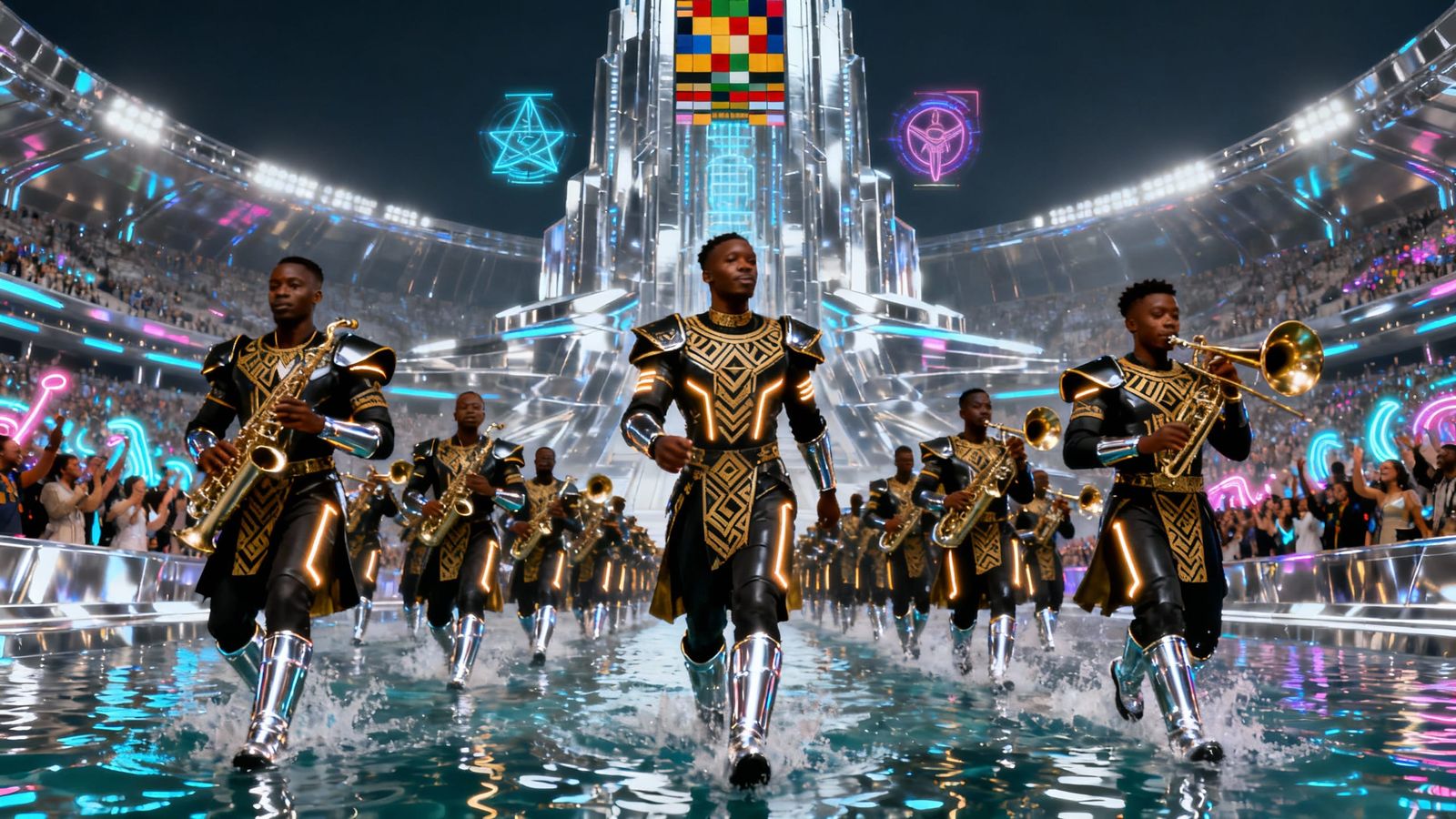Afro-Futurist Band in Neon Chrome Stadium
