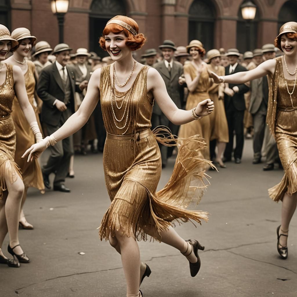 Redhead Flapper Dancing in 1920s Golden Clothes