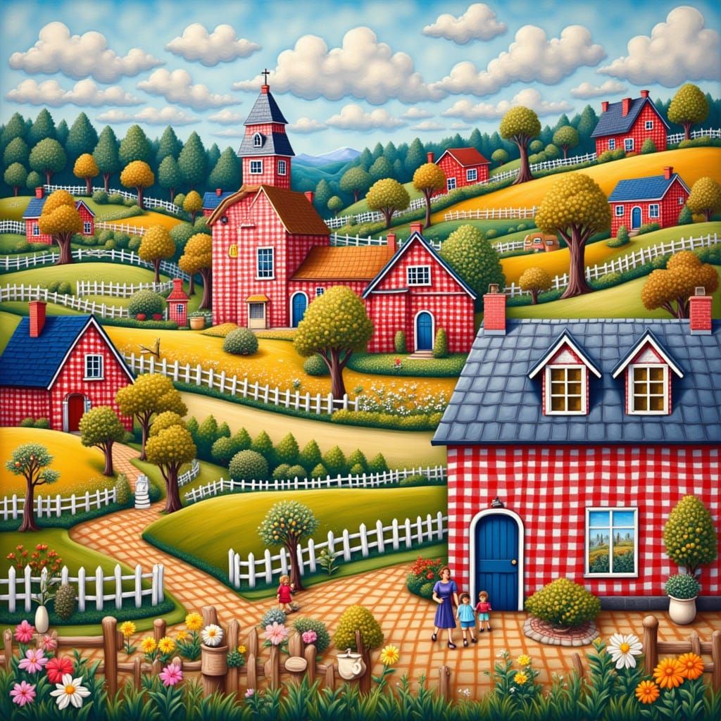 Joyful Folk Art Village Scene with Gingham Texture