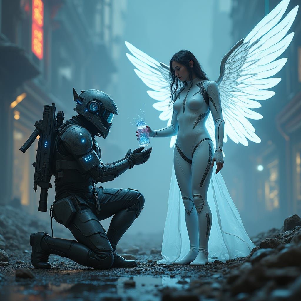 Soldier Meets Angel in a Futuristic Urban Landscape