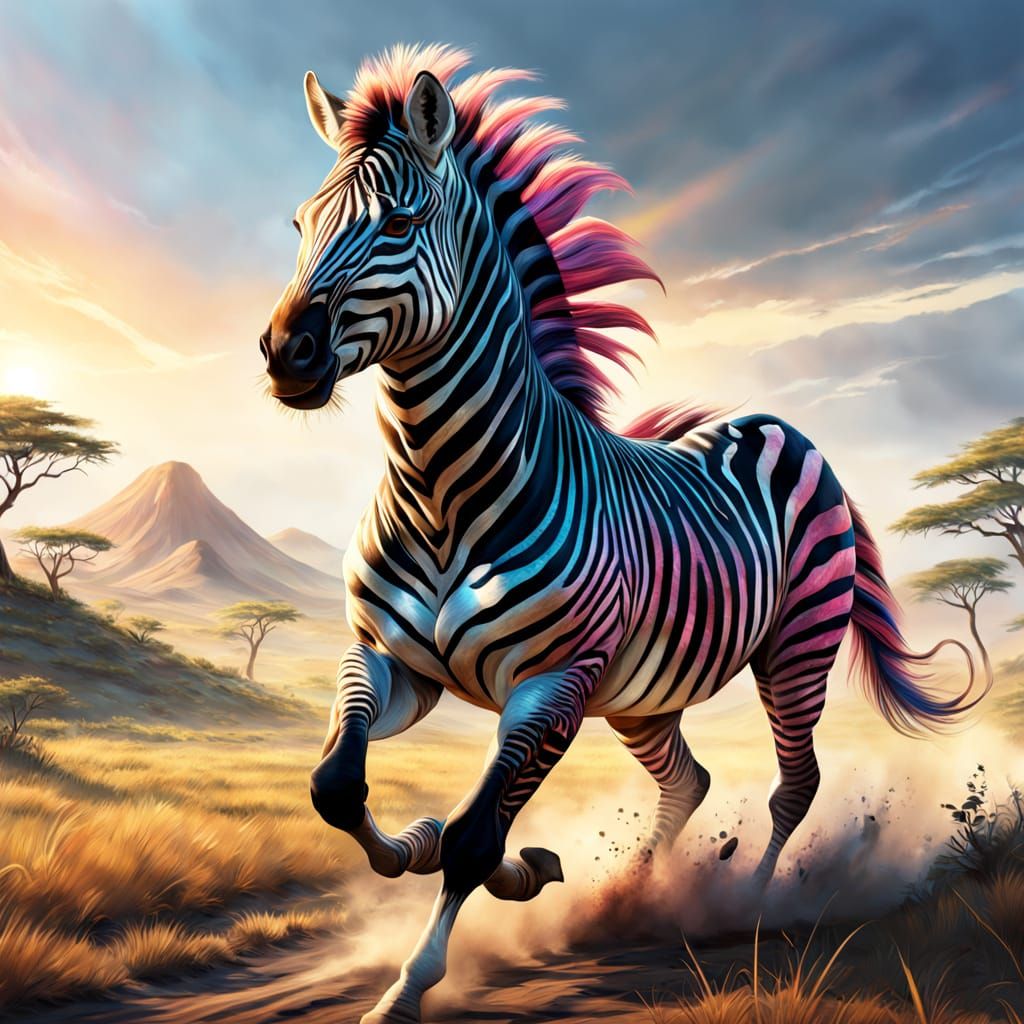 Zebra-Striped Horse Galloping Across the Savanna