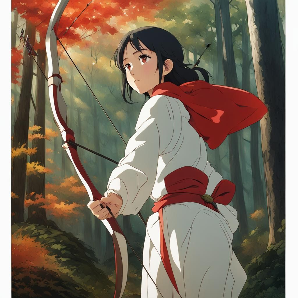 Anime Girl Hunting in Autumn Forest, Ghibli Style