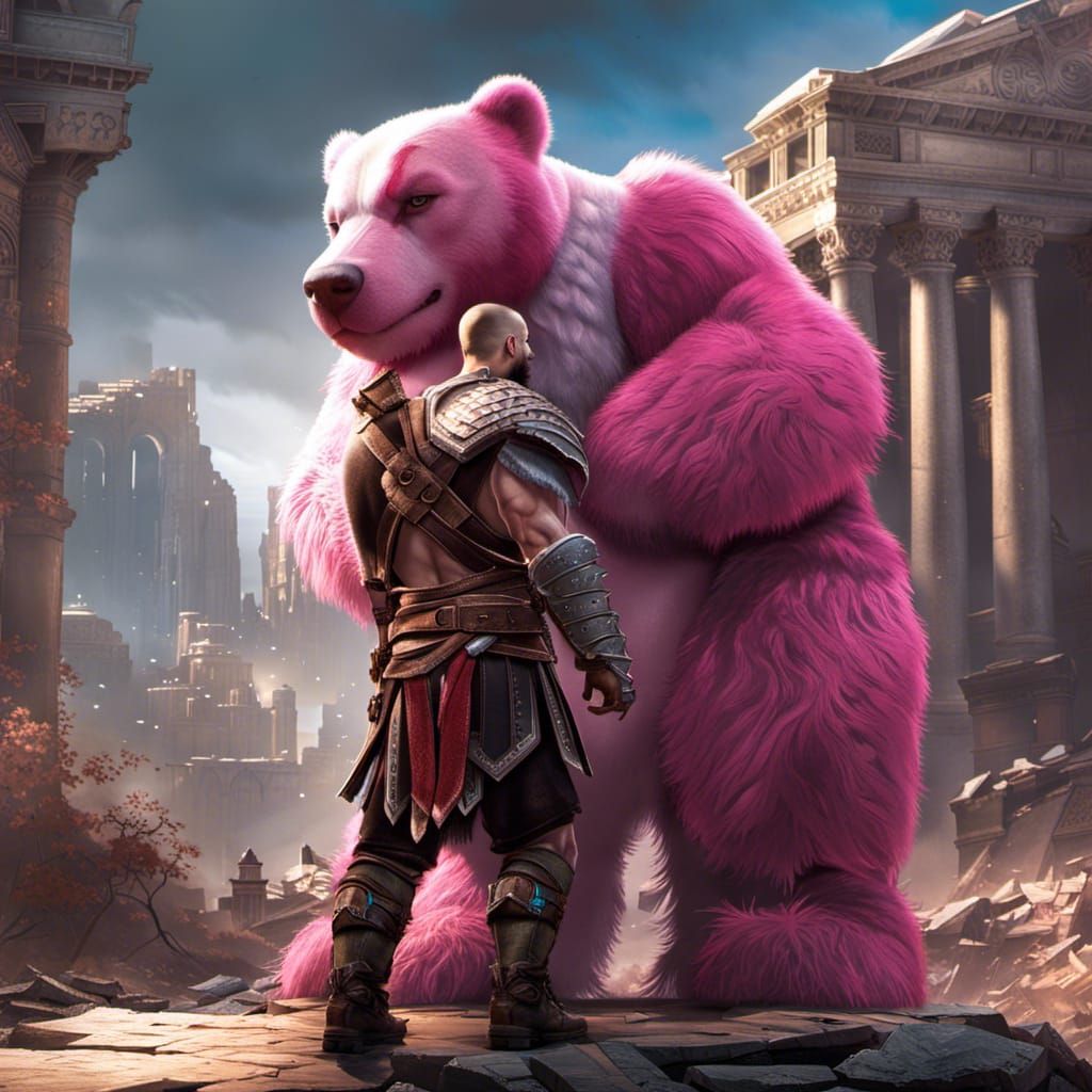 Kratos Hugs a Pink Teddy Bear