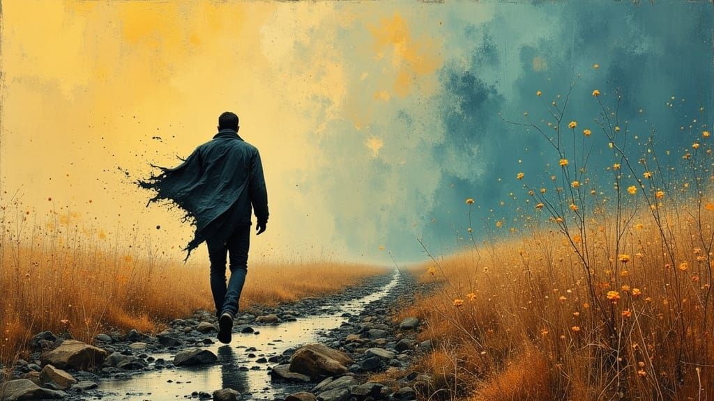 Man Running Free in Abstract Oil Painting Style