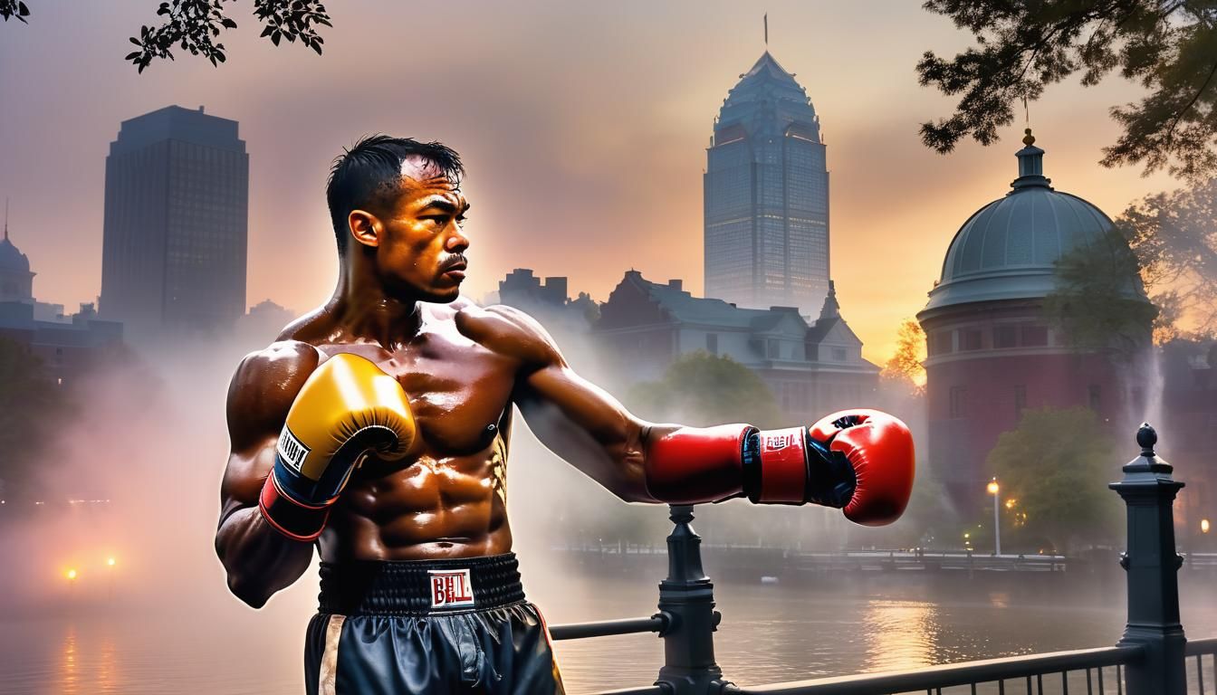 Victorious Philadelphia Boxer in Dreamlike Cityscape