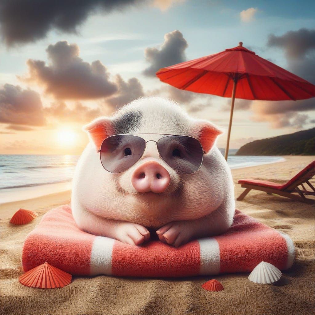 Cute Pig Portrait on the Beach at Sunset