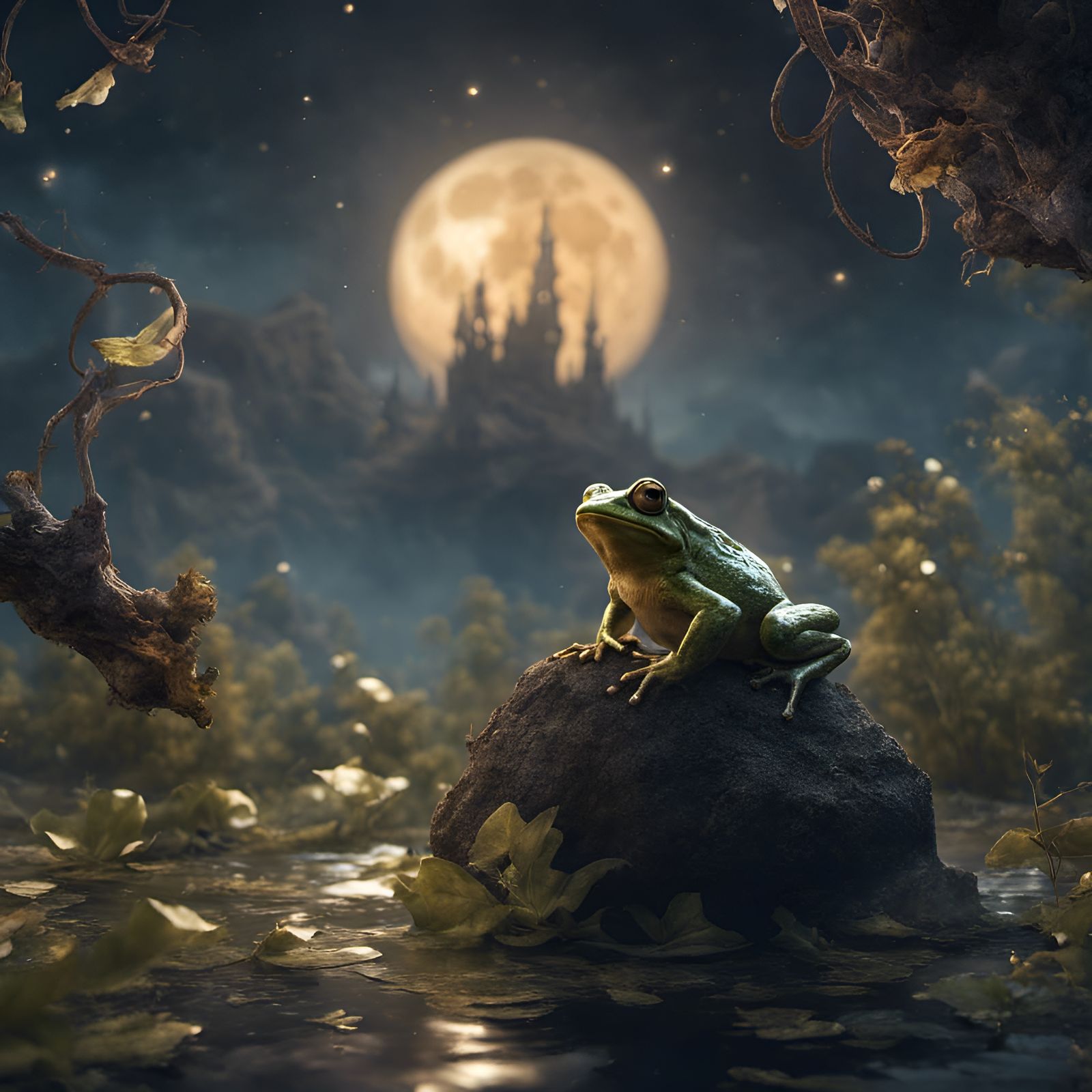 Frog Toad Flying in Full Moon, Detailed Matte Painting