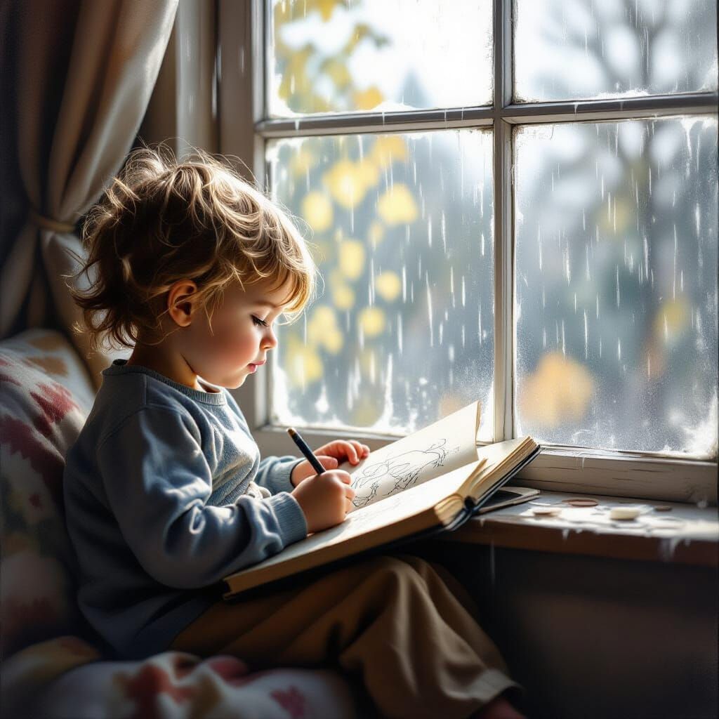 Child Sketching by Sunlit Window in Cozy Rain