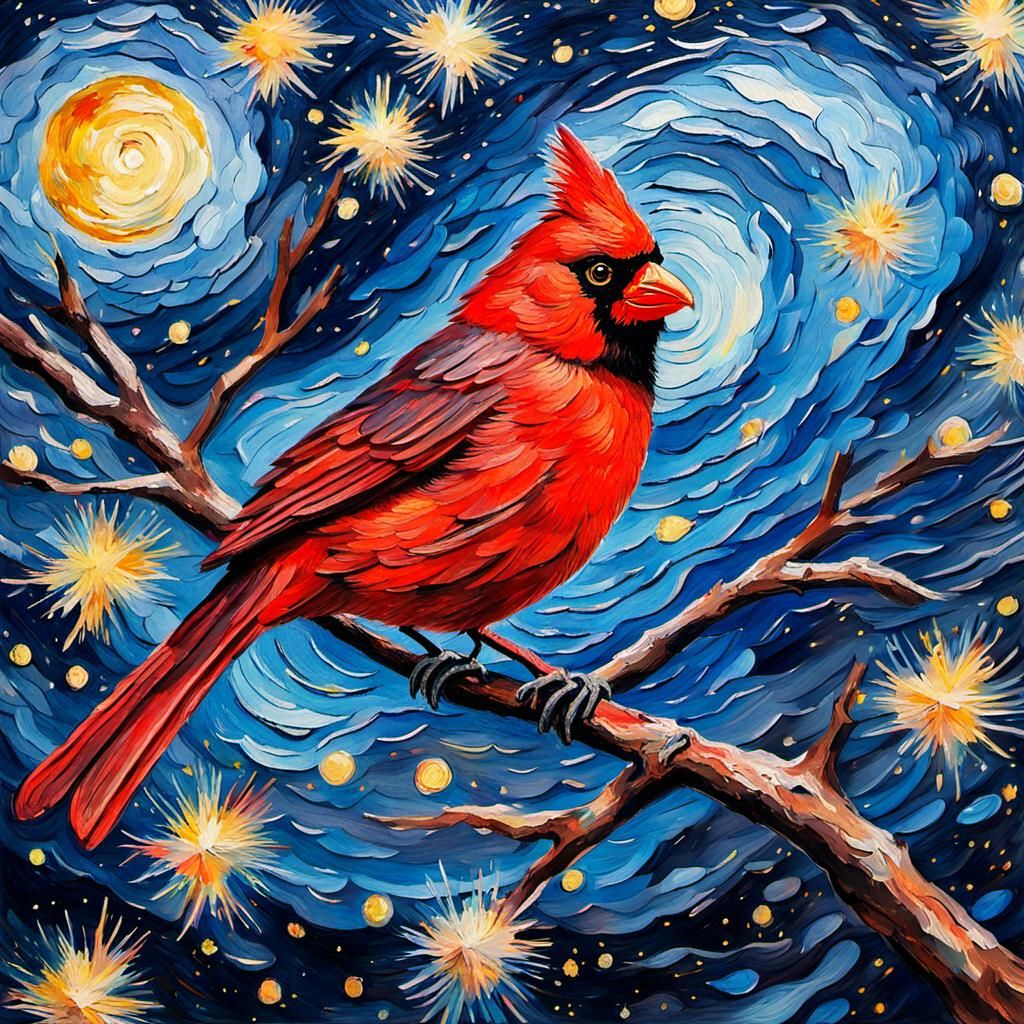 Starry Cardinal in Impressionist Gouache Style