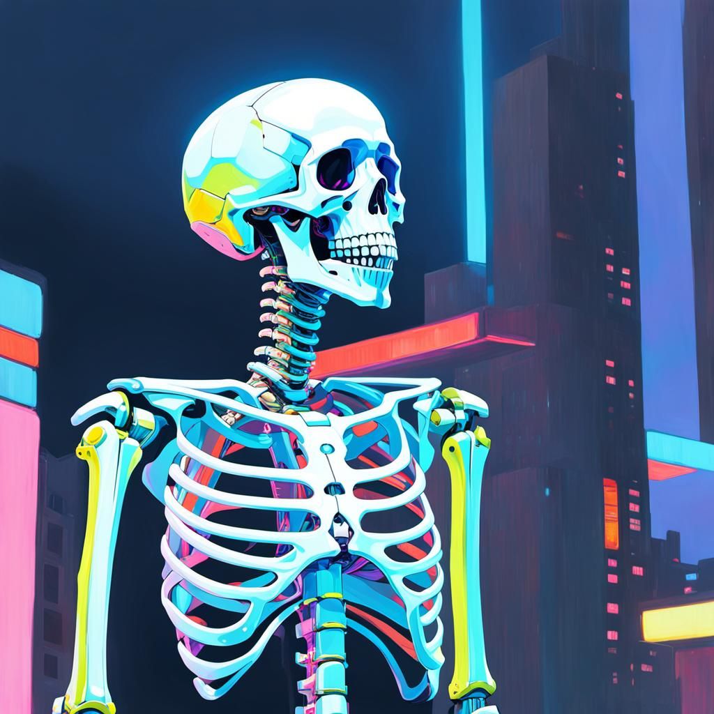 Cyberpunk Skeleton with Neon Jewelry in Cityscape