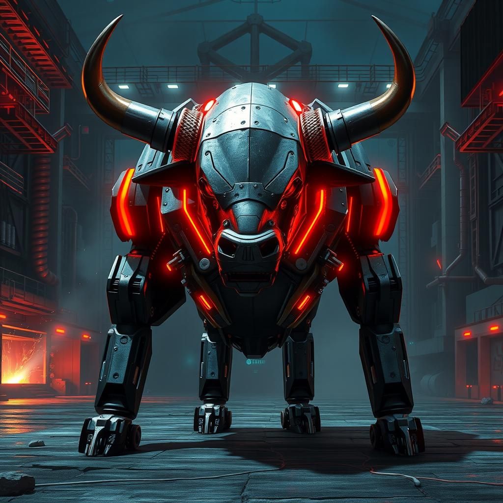 Menacing Mechanized Bull in Dystopian Arena