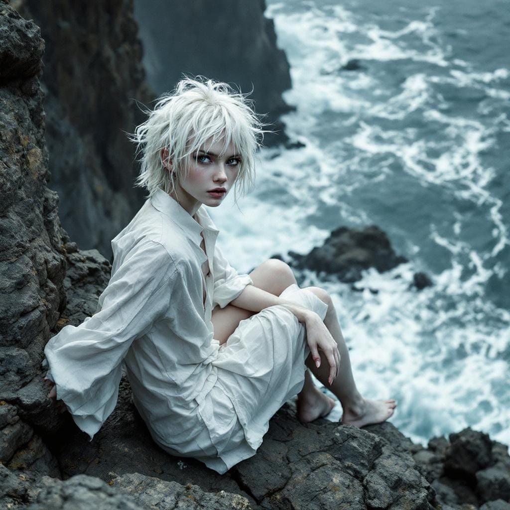 Hyperrealistic Image of Albino Woman on Cliffs