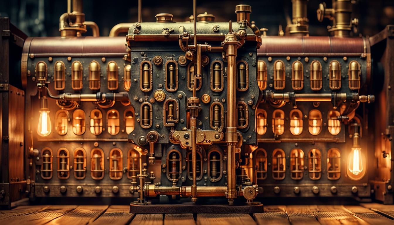 Steampunk Engine Close-Up in Inventor's Workshop